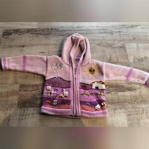 Peruvian Art Pink Knitted Children's Hoodie with Fun Patterns